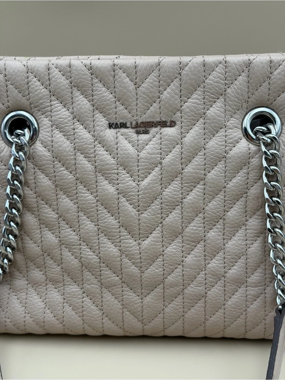 Karl Lagerfeld Paris Quilted Leather Chain Tote Bag Beige